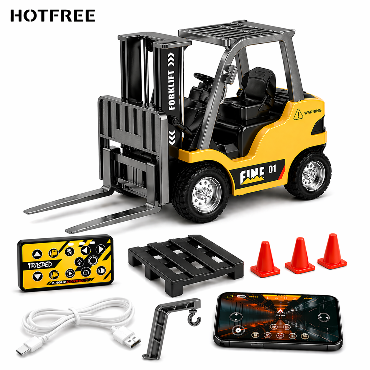 1/64 Mini RC Forklift, Remote Control Excavator, 11 Channel 2 Mode 2.4Ghz Remote Control Alloy Construction Vehicles Set with USB-C Rechargeable, 2 in 1 Transformable Lift Fork & Hook, Birthday Christmas Gift for Kids Adults Boys and Girls