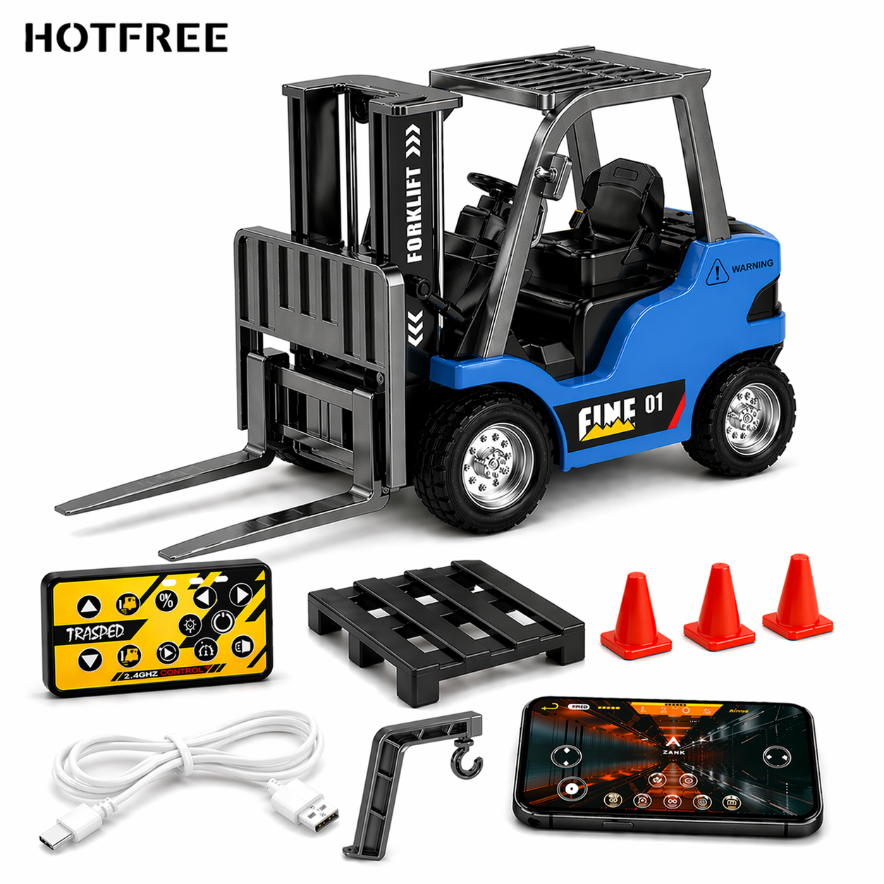 1/64 Mini RC Forklift, Remote Control Excavator, 11 Channel 2 Mode 2.4Ghz Remote Control Alloy Construction Vehicles Set with USB-C Rechargeable, 2 in 1 Transformable Lift Fork & Hook, Birthday Christmas Gift for Kids Adults Boys and Girls